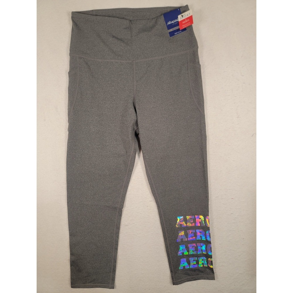 Aeropostale Sport High Rise Capri Leggings Gray Sz M NWT Iridescent Logo Pockets